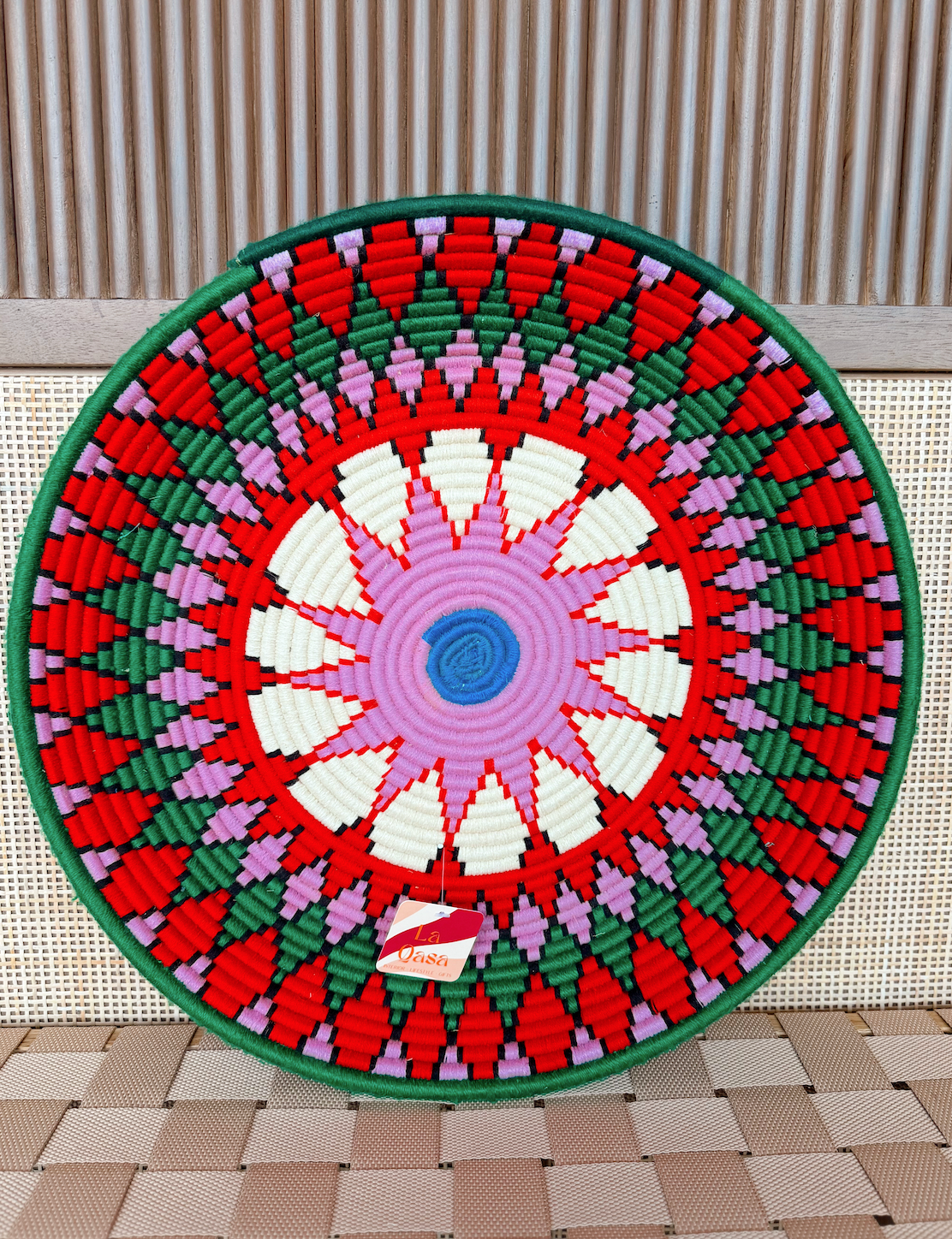 Handgeweven Berber bord L - Groen/Roos
