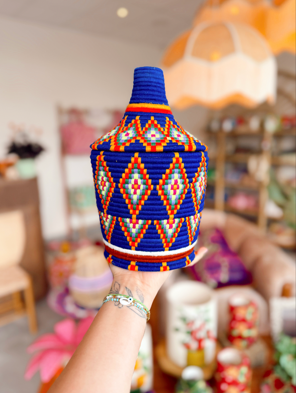 Handgeweven berber mand - Blauw/Multi